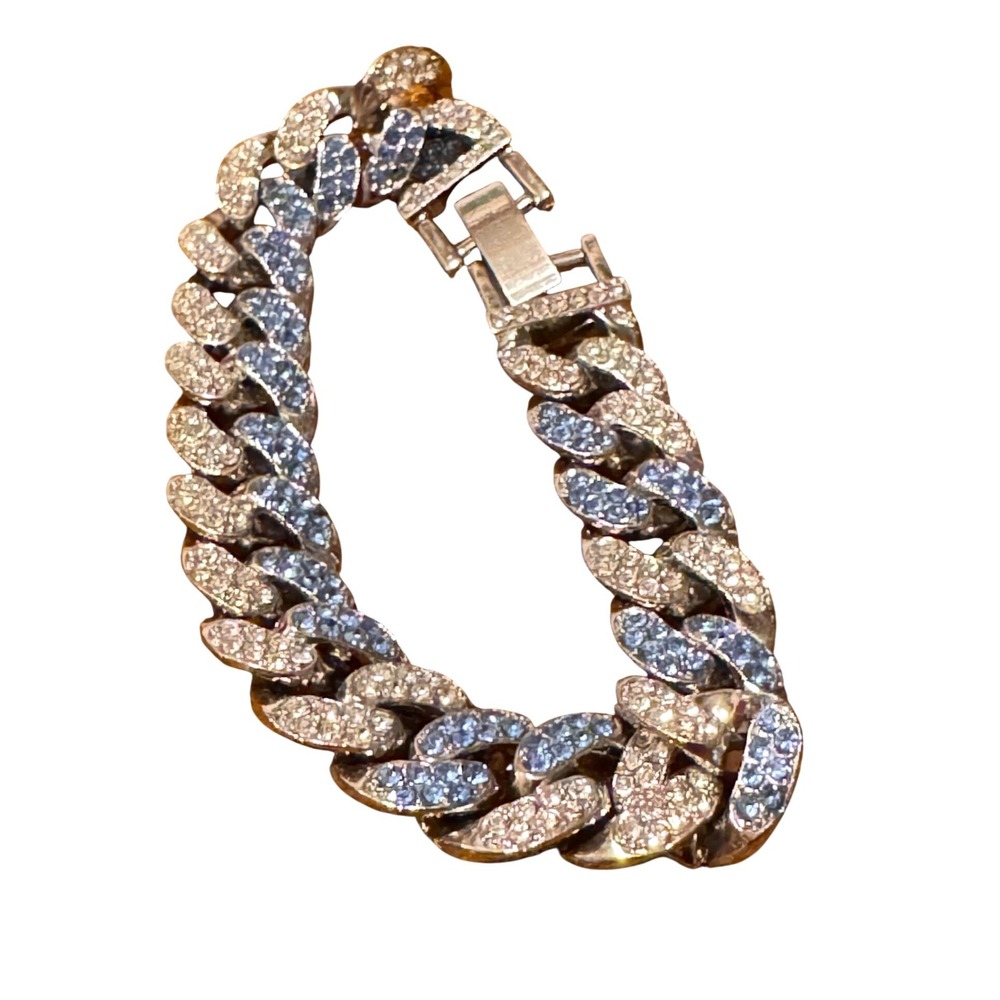 Iced Out Cuban Link Bracelet Silver Tone Blue White Rhinestone Chunky Curb Chain